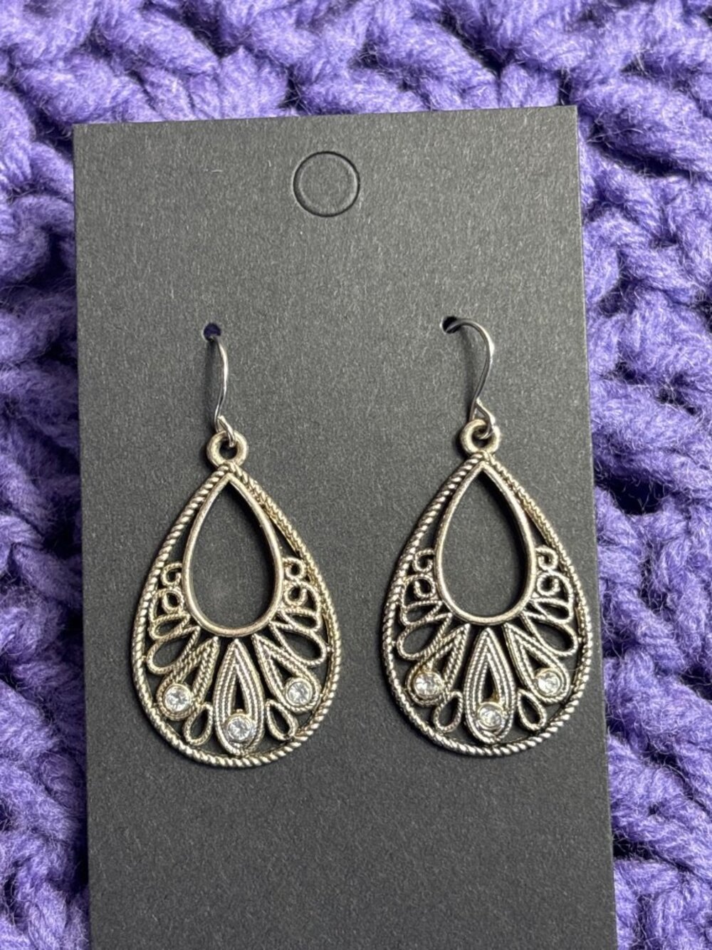 Silvertone Filigree Teardrop Hoop Dangle Earrings Clear Rhinestones 1.25 inches